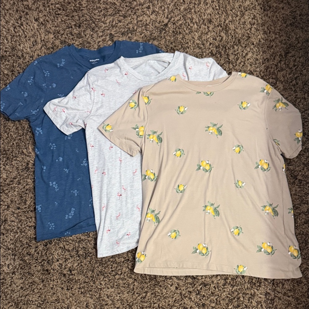 Old Navy Short Sleeve Tee Trio - Blue, Light Gray, Beige with Lemon Print